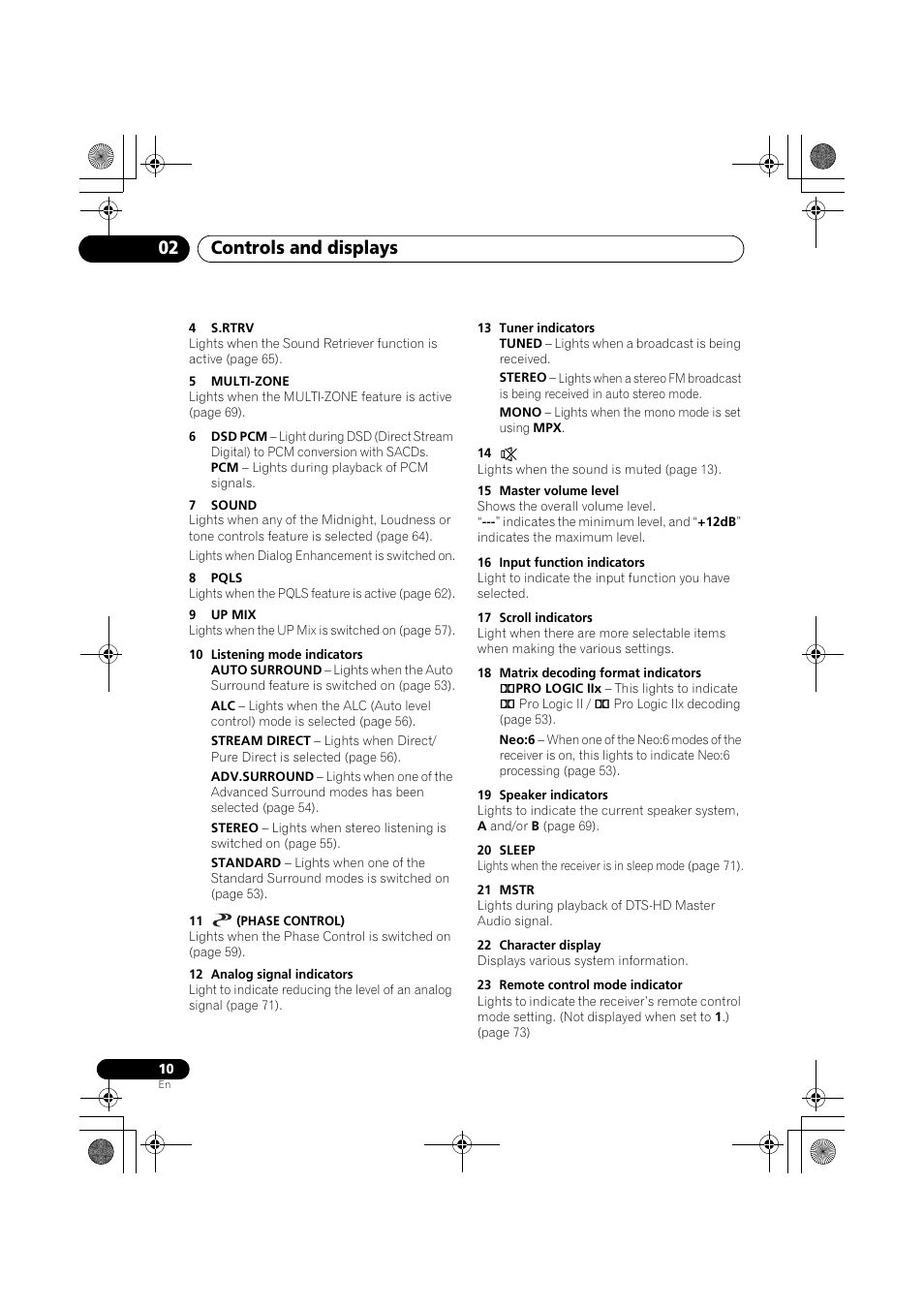 4 s.rtrv, 5 multi-zone, 7 sound | 8 pqls, 9 up mix, 10 listening mode indicators, 11 (phase control), 12 analog signal indicators, 13 tuner indicators, 15 master volume level | Pioneer VSX-919AH-K User Manual | Page 10 / 128