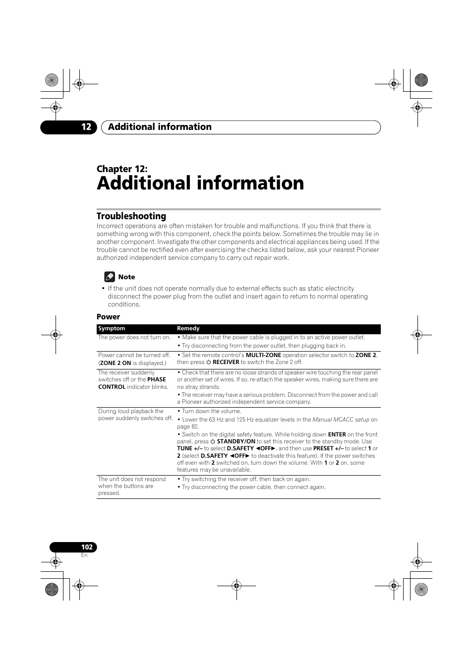 Additional information, Troubleshooting, Note | Power, Additional information 12, Chapter 12 | Pioneer VSX-919AH-K User Manual | Page 102 / 128