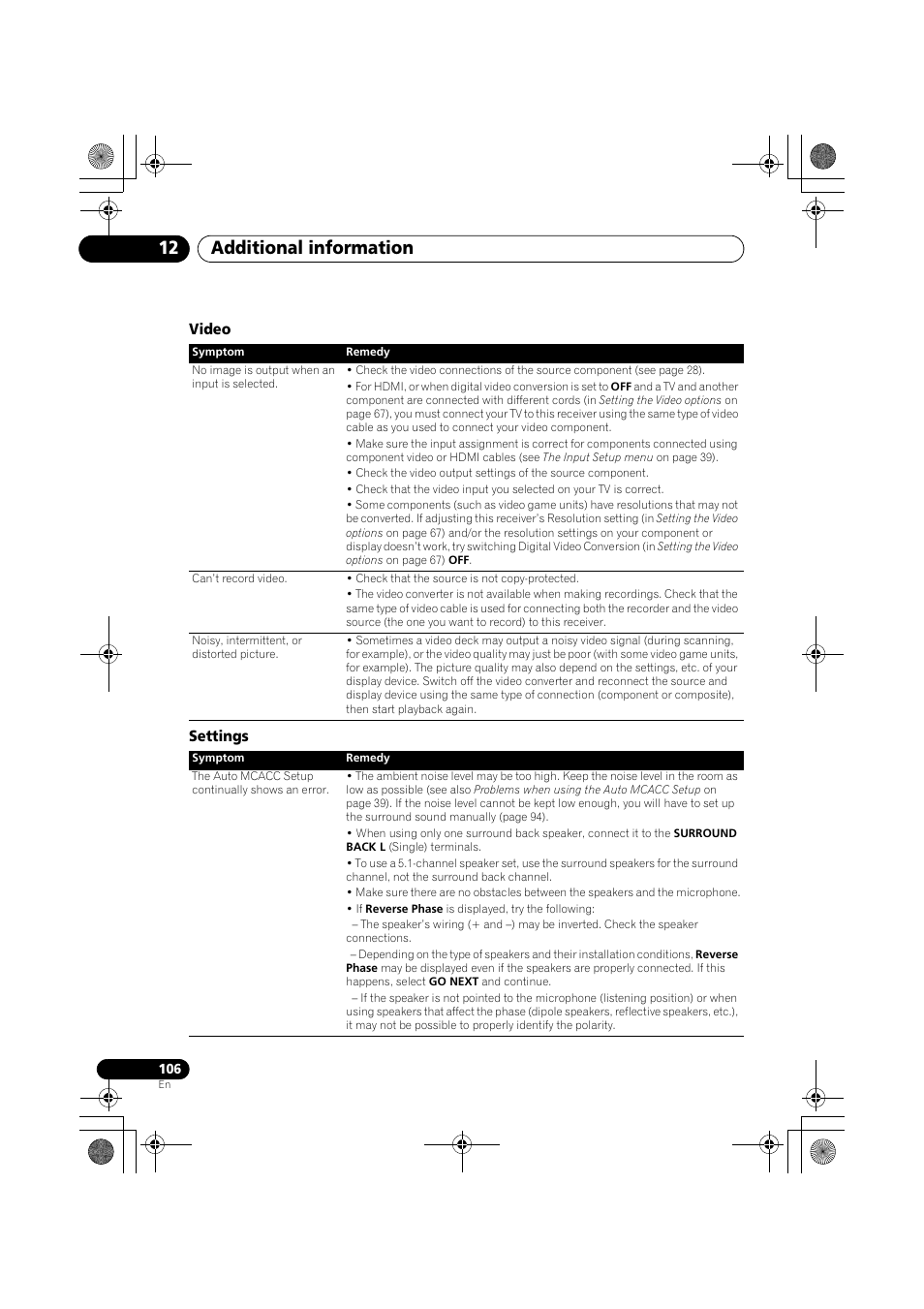 Video, Settings, Additional information 12 | Pioneer VSX-919AH-K User Manual | Page 106 / 128