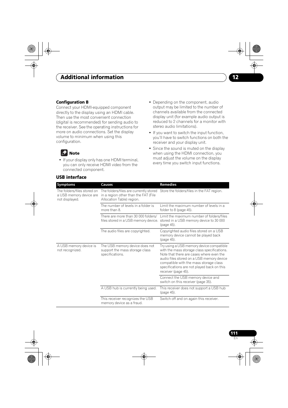 Configuration b, Note, Usb interface | Additional information 12 | Pioneer VSX-919AH-K User Manual | Page 111 / 128