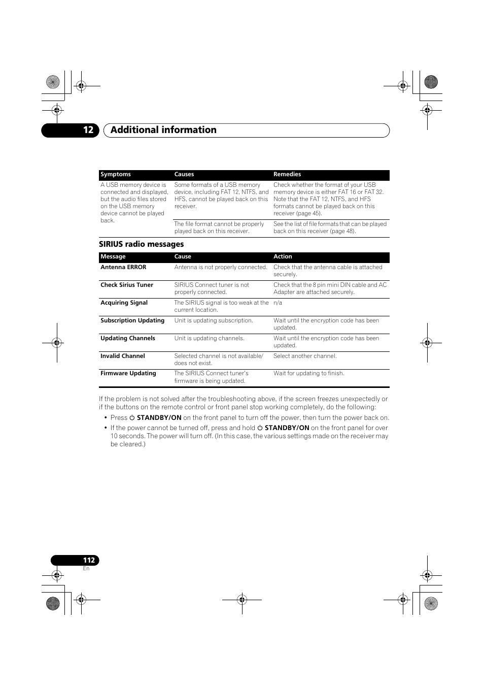 Sirius radio messages, Additional information 12 | Pioneer VSX-919AH-K User Manual | Page 112 / 128