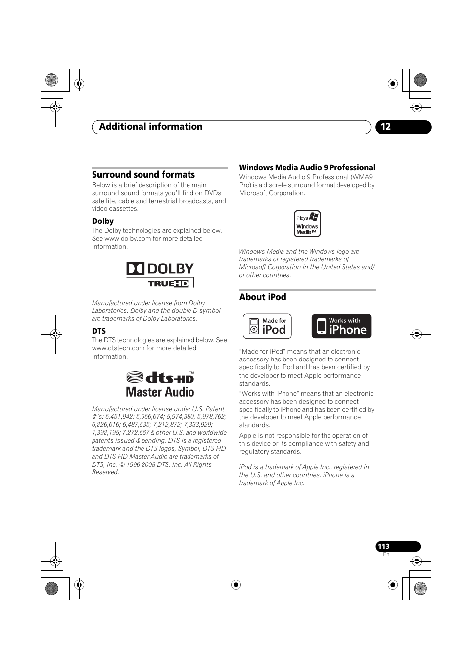 Surround sound formats, Dolby, Windows media audio 9 professional | About ipod, Additional information 12 | Pioneer VSX-919AH-K User Manual | Page 113 / 128