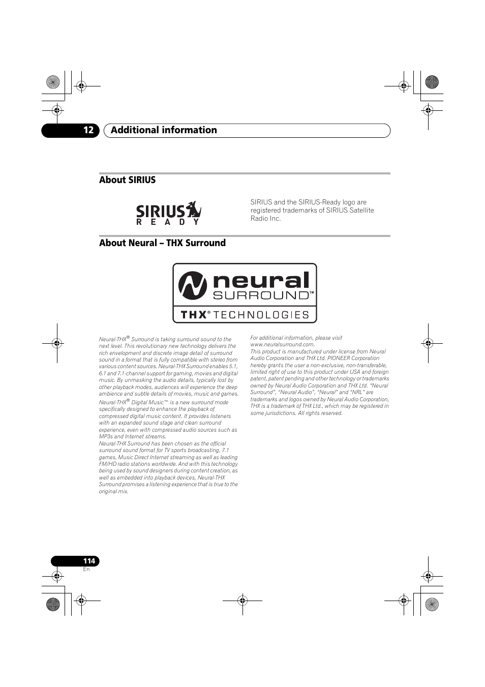 About sirius, About neural - thx surround, About neural – thx surround | Additional information 12 | Pioneer VSX-919AH-K User Manual | Page 114 / 128