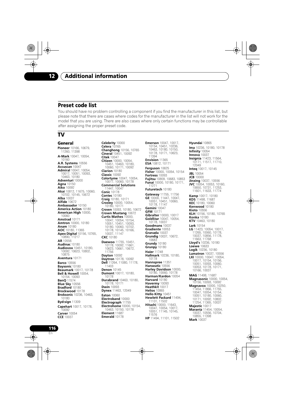 General, Preset code list, Additional information 12 | Pioneer VSX-919AH-K User Manual | Page 116 / 128