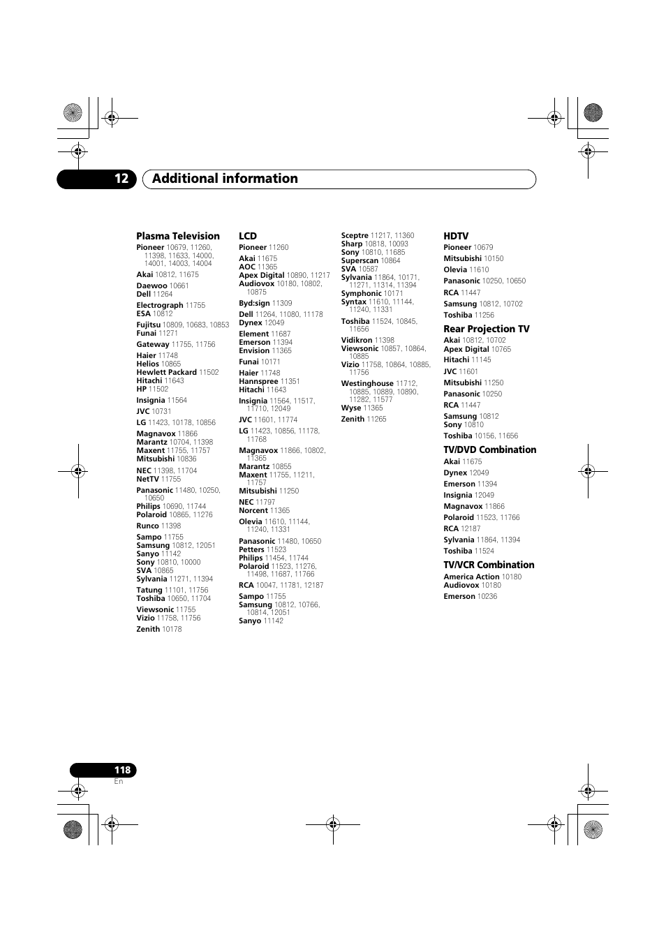 Plasma television, Hdtv, Rear projection tv | Tv/dvd combination, Tv/vcr combination, Additional information 12 | Pioneer VSX-919AH-K User Manual | Page 118 / 128