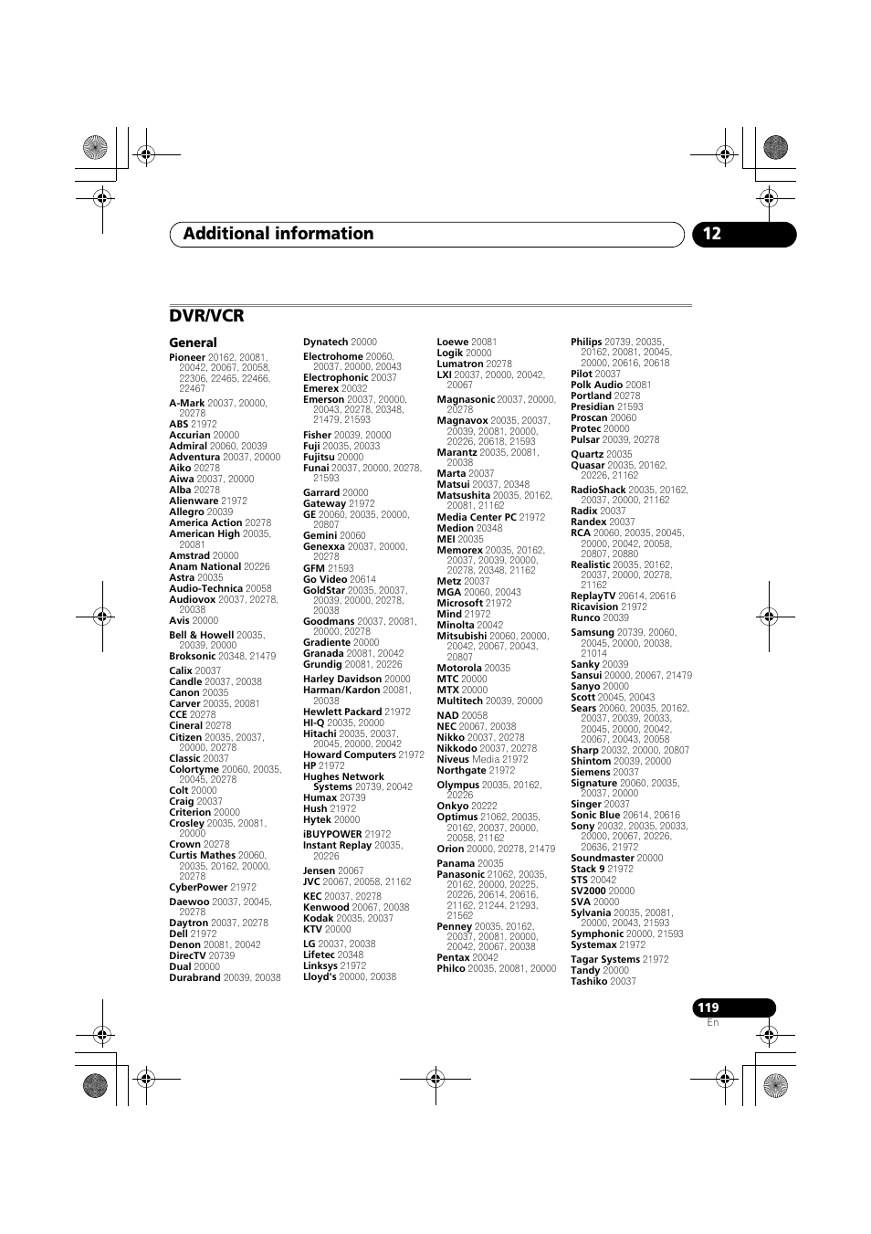 General, Additional information 12, Dvr/vcr | Pioneer VSX-919AH-K User Manual | Page 119 / 128