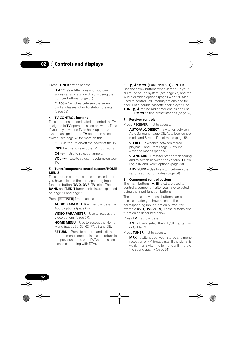 4 tv control buttons, 5 tuner/component control buttons/home menu, 6 i/j/k/l (tune/preset) /enter | 7 receiver controls, 8 component control buttons, Controls and displays 02 | Pioneer VSX-919AH-K User Manual | Page 12 / 128