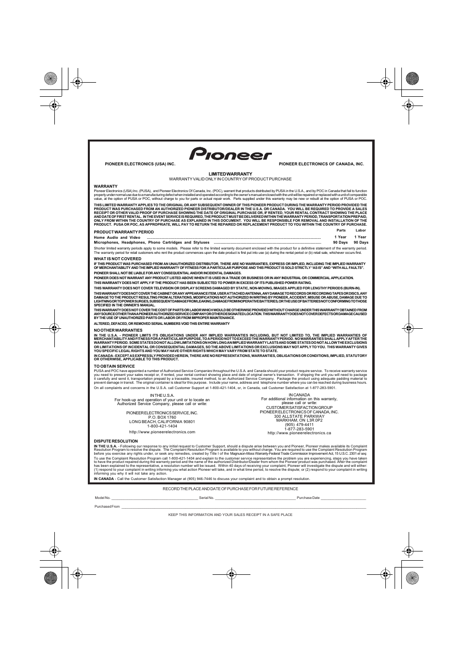 Warranty | Pioneer VSX-919AH-K User Manual | Page 127 / 128