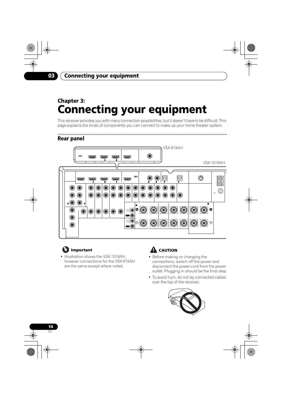 Connecting your equipment, Rear panel, Important | Caution, Connecting your equipment 03, Chapter 3 | Pioneer VSX-919AH-K User Manual | Page 14 / 128