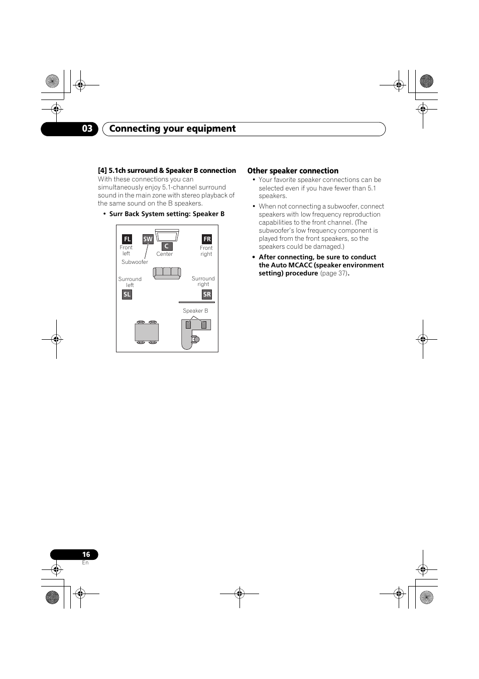 4] 5.1ch surround & speaker b connection, Other speaker connection, Connecting your equipment 03 | Pioneer VSX-919AH-K User Manual | Page 16 / 128