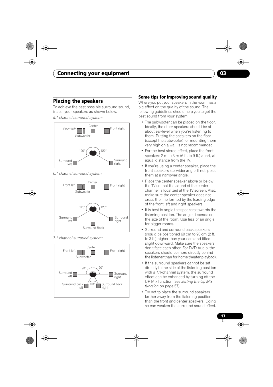 Placing the speakers, Some tips for improving sound quality, Connecting your equipment 03 | Pioneer VSX-919AH-K User Manual | Page 17 / 128