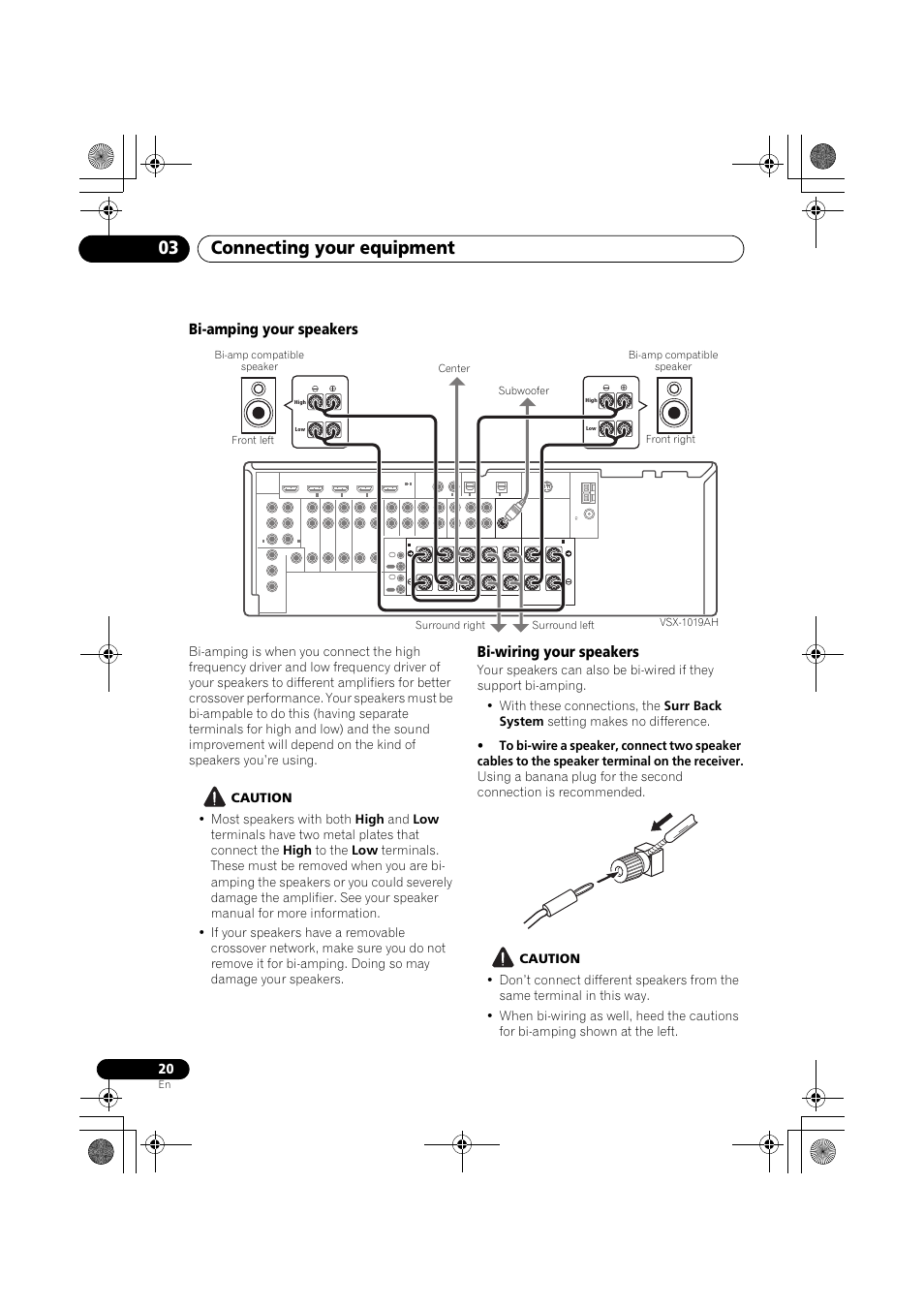 Bi-amping your speakers, Caution, Bi-wiring your speakers | Connecting your equipment 03 | Pioneer VSX-919AH-K User Manual | Page 20 / 128