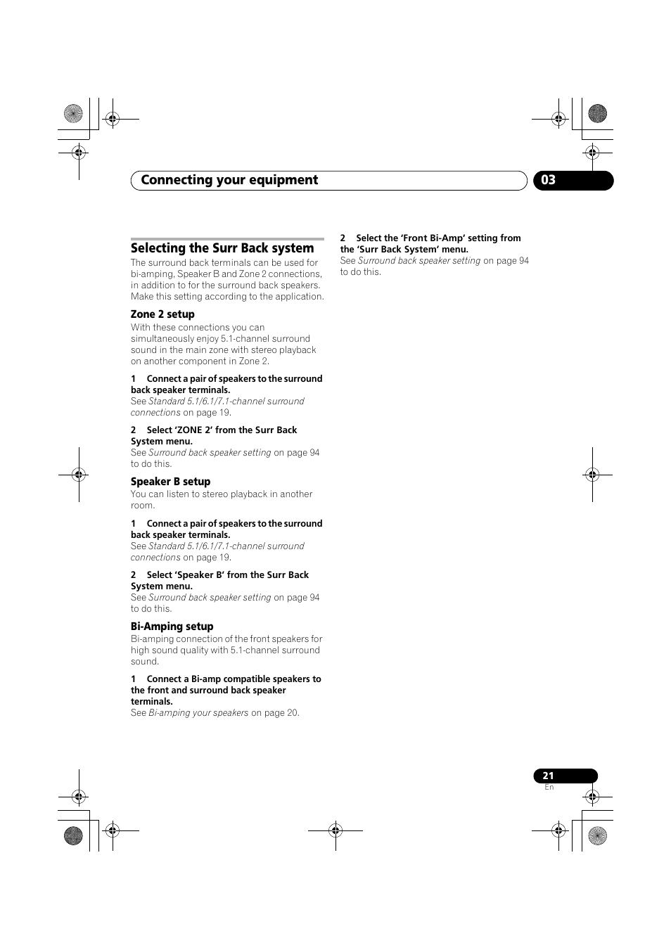 Selecting the surr back system, Zone 2 setup, 2 select ‘zone 2’ from the surr back system menu | Speaker b setup, Bi-amping setup, Connecting your equipment 03 | Pioneer VSX-919AH-K User Manual | Page 21 / 128