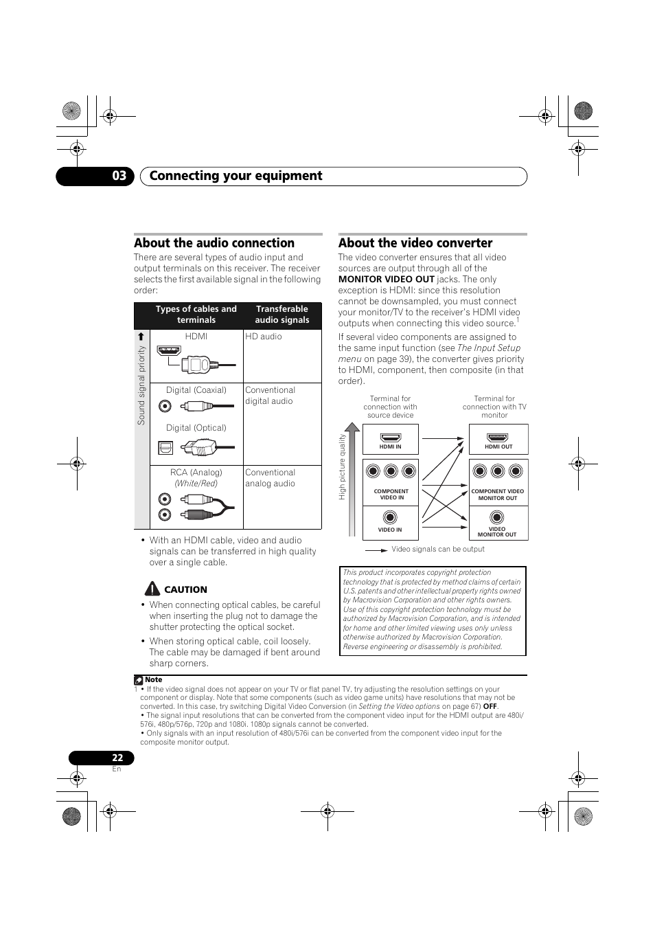 About the audio connection, Sound signal priority l, Hdmi | Hd audio, Digital (coaxial), Conventional digital audio, Digital (optical), Rca (analog), White/red), Conventional analog audio | Pioneer VSX-919AH-K User Manual | Page 22 / 128