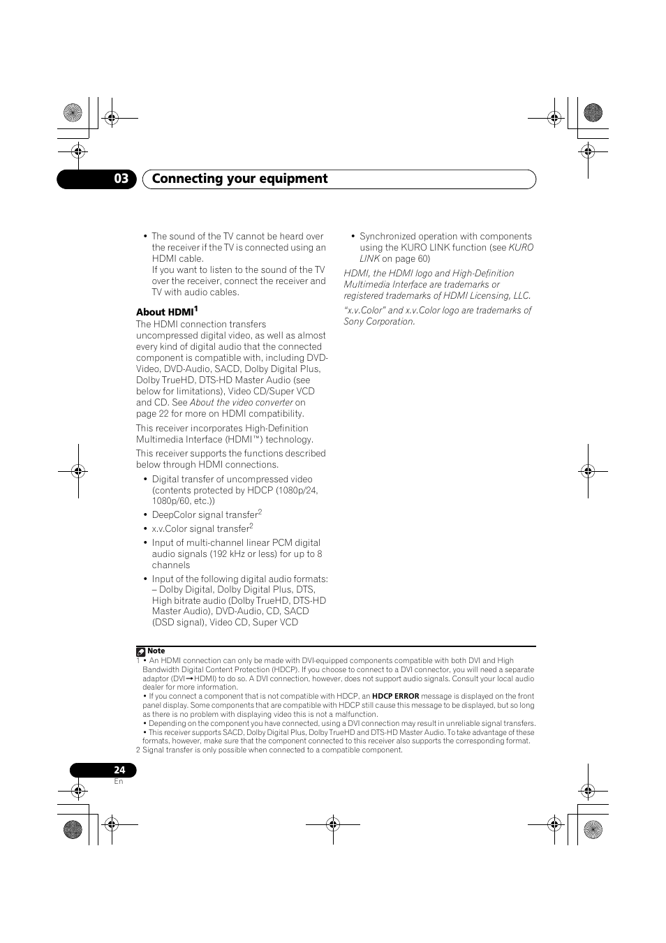 About hdmi, Connecting your equipment 03 | Pioneer VSX-919AH-K User Manual | Page 24 / 128