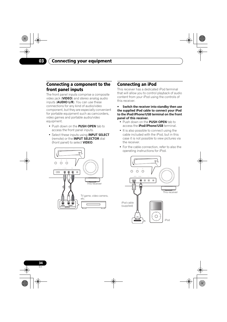 Connecting a component to the front panel inputs, Connecting an ipod, Connecting your equipment 03 | This receiver tv game, video camera, etc | Pioneer VSX-919AH-K User Manual | Page 34 / 128