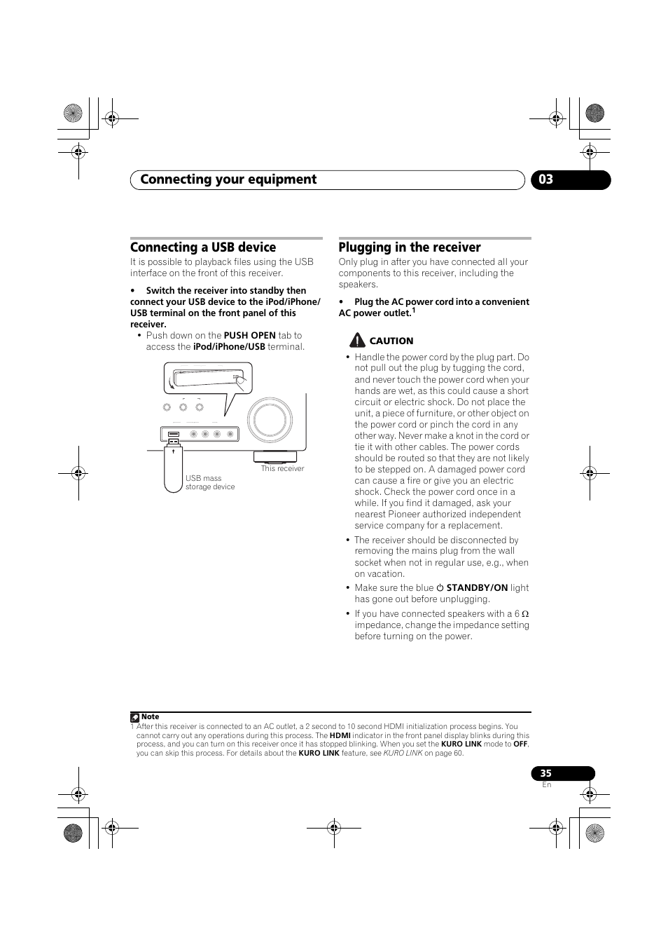 Connecting a usb device, Plugging in the receiver, Caution | Connecting your equipment 03 | Pioneer VSX-919AH-K User Manual | Page 35 / 128