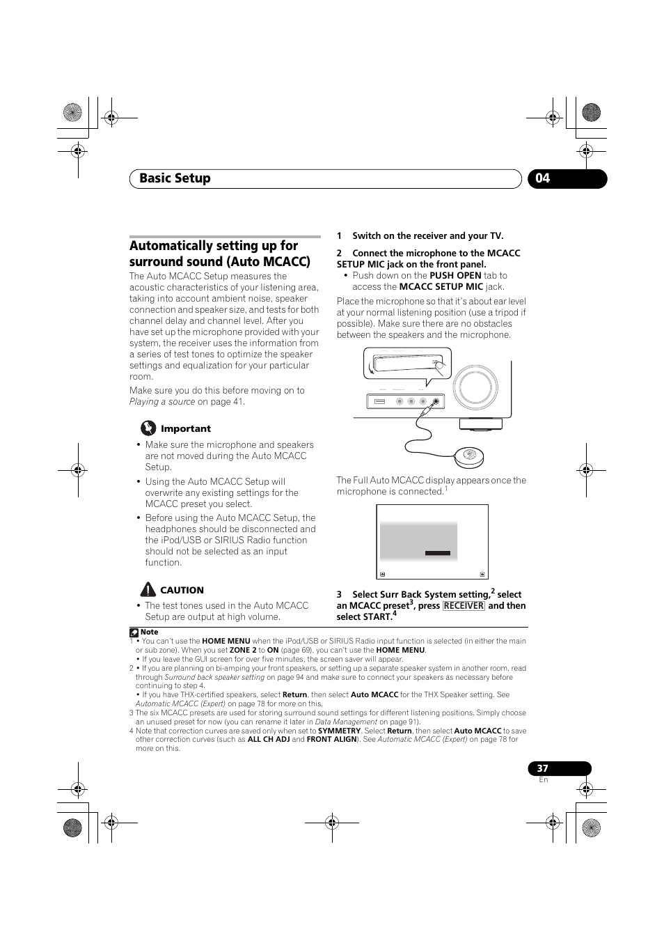 Important, Caution, 1 switch on the receiver and your tv | Automatically setting up for surround sound, Basic setup 04, 3select surr back system setting, Select an mcacc preset, Press and then select start, Receiver | Pioneer VSX-919AH-K User Manual | Page 37 / 128