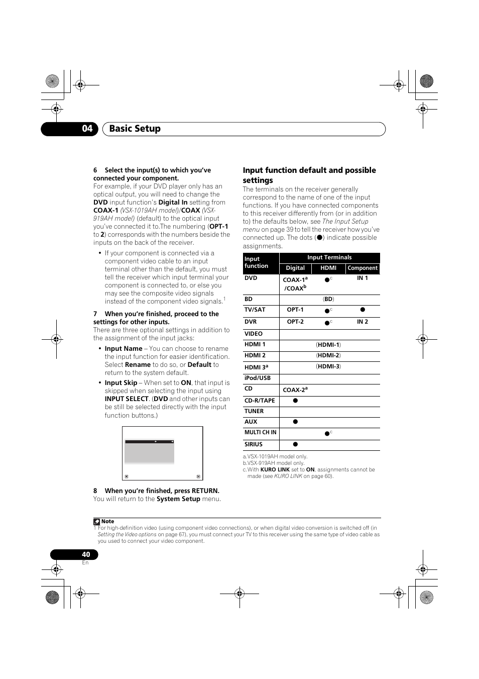 8 when you’re finished, press return, Input function default and possible settings, Input function default and possible | Basic setup 04 | Pioneer VSX-919AH-K User Manual | Page 40 / 128