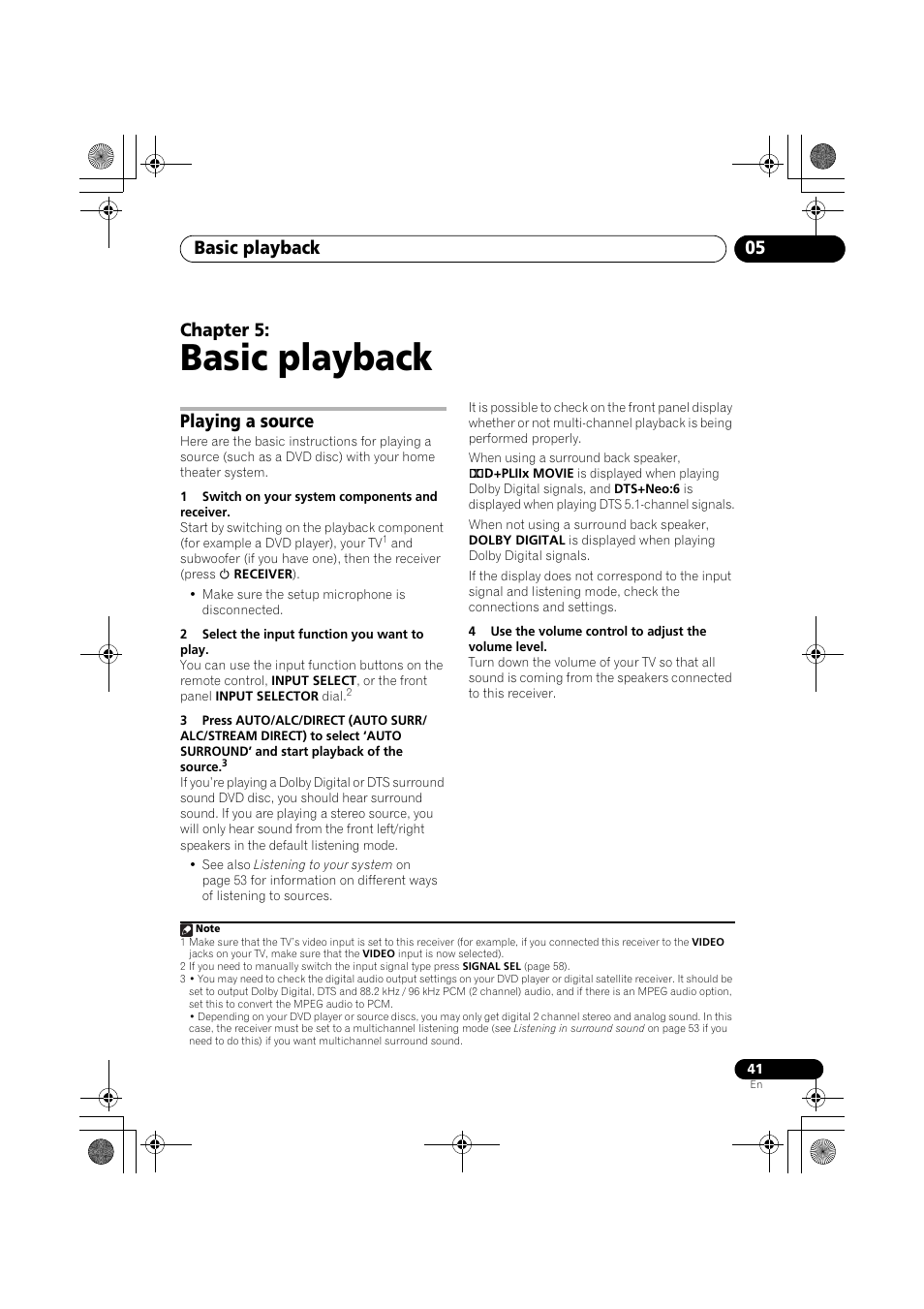 Basic playback, Playing a source, 1 switch on your system components and receiver | 2 select the input function you want to play, Basic playback 05, Chapter 5 | Pioneer VSX-919AH-K User Manual | Page 41 / 128