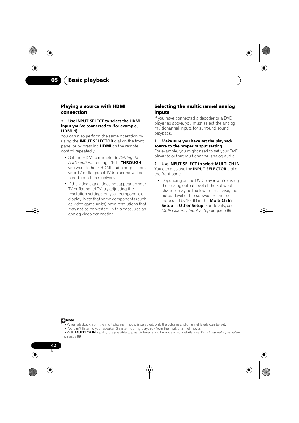 Playing a source with hdmi connection, Selecting the multichannel analog inputs, 2 use input select to select multi ch in | Basic playback 05 | Pioneer VSX-919AH-K User Manual | Page 42 / 128