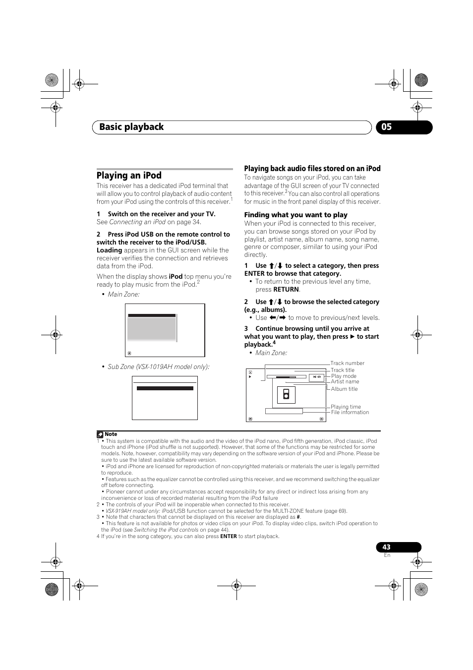 Playing an ipod, 1 switch on the receiver and your tv, Playing back audio files stored on an ipod | Finding what you want to play, Basic playback 05 | Pioneer VSX-919AH-K User Manual | Page 43 / 128