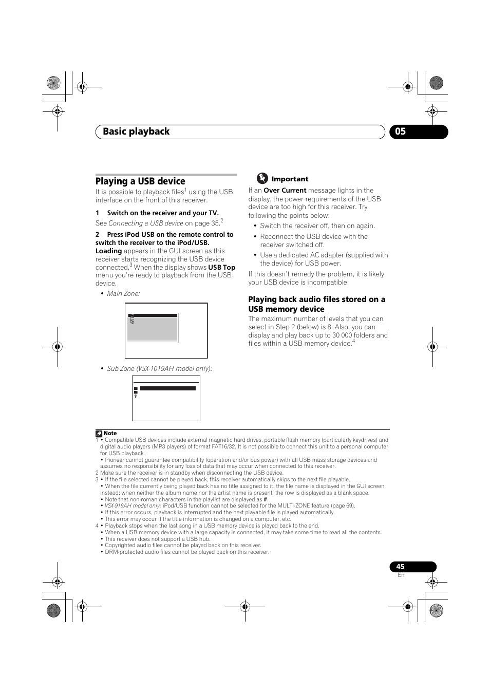 Playing a usb device, 1 switch on the receiver and your tv, Important | Basic playback 05 | Pioneer VSX-919AH-K User Manual | Page 45 / 128