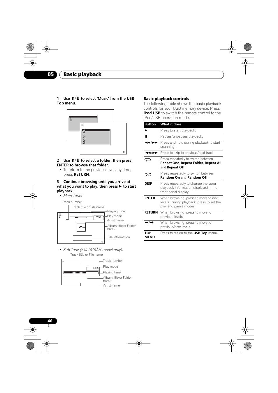 1 use i/j to select ‘music’ from the usb top menu, Basic playback controls, Basic playback 05 | Pioneer VSX-919AH-K User Manual | Page 46 / 128