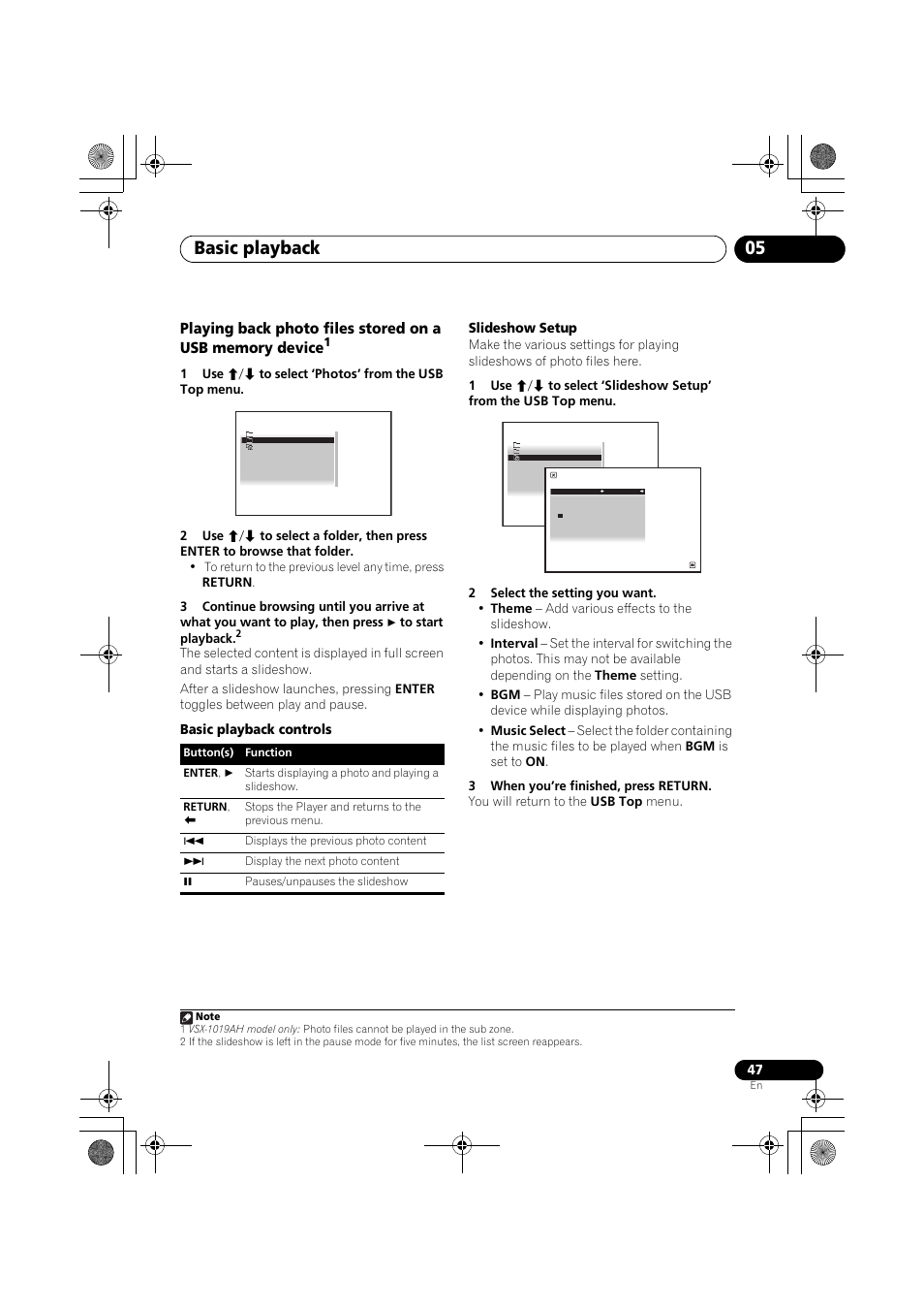1 use i/j to select ‘photos’ from the usb top menu, Basic playback controls, Slideshow setup | 2 select the setting you want, 3 when you’re finished, press return, Basic playback 05 | Pioneer VSX-919AH-K User Manual | Page 47 / 128