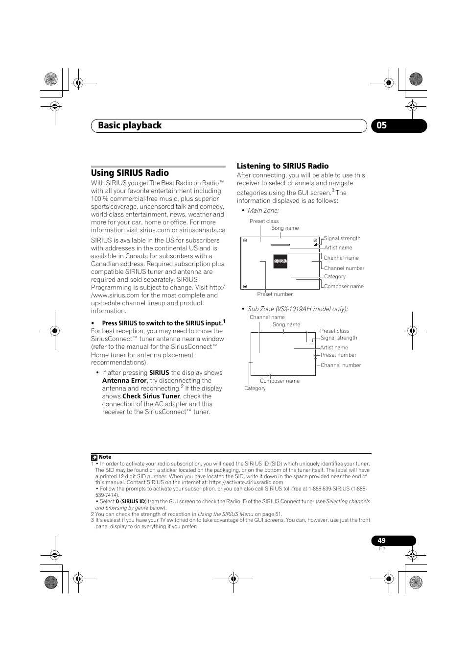 Using sirius radio, Press sirius to switch to the sirius input, Listening to sirius radio | Basic playback 05 | Pioneer VSX-919AH-K User Manual | Page 49 / 128