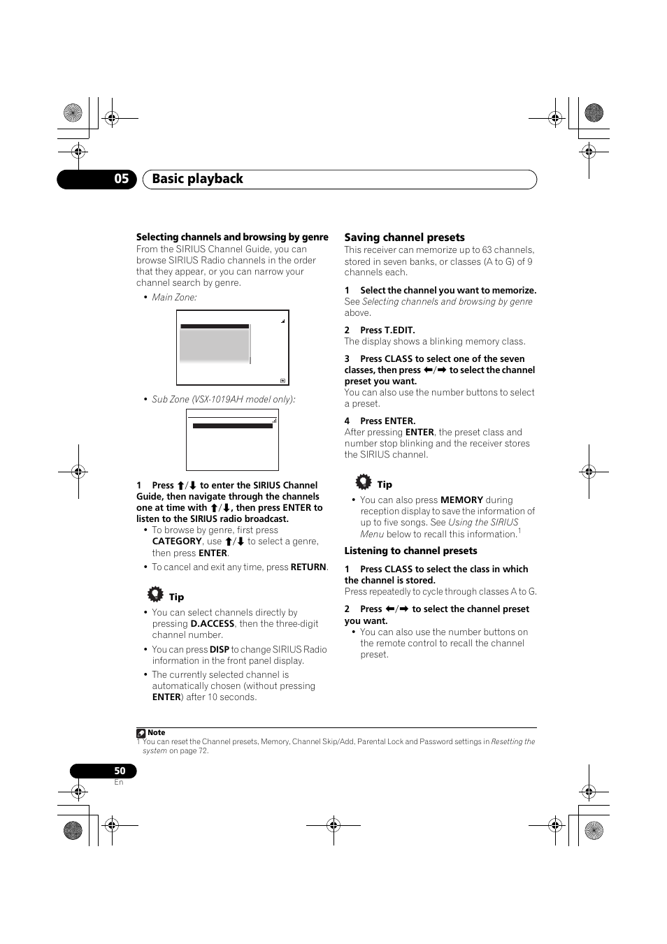 Selecting channels and browsing by genre, Saving channel presets, 1 select the channel you want to memorize | 2 press t.edit, 4 press enter, Listening to channel presets, 2 press k/l to select the channel preset you want, Selecting channels, And browsing by genre below), Basic playback 05 | Pioneer VSX-919AH-K User Manual | Page 50 / 128