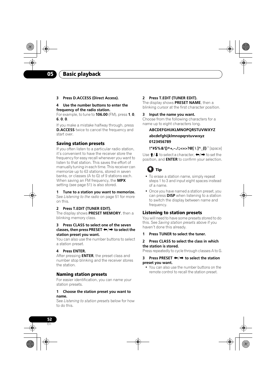 3 press d.access (direct access), Saving station presets, 1 tune to a station you want to memorize | 2 press t.edit (tuner edit), 4 press enter, Naming station presets, 1 choose the station preset you want to name, 3 input the name you want, Listening to station presets, 1 press tuner to select the tuner | Pioneer VSX-919AH-K User Manual | Page 52 / 128