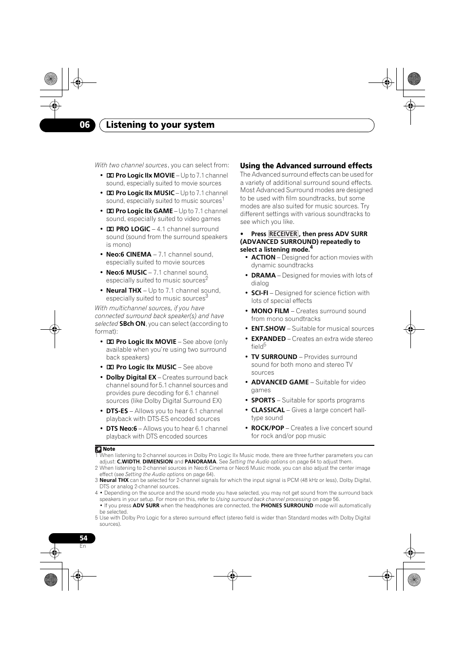 Using the advanced surround effects, Listening to your system 06 | Pioneer VSX-919AH-K User Manual | Page 54 / 128