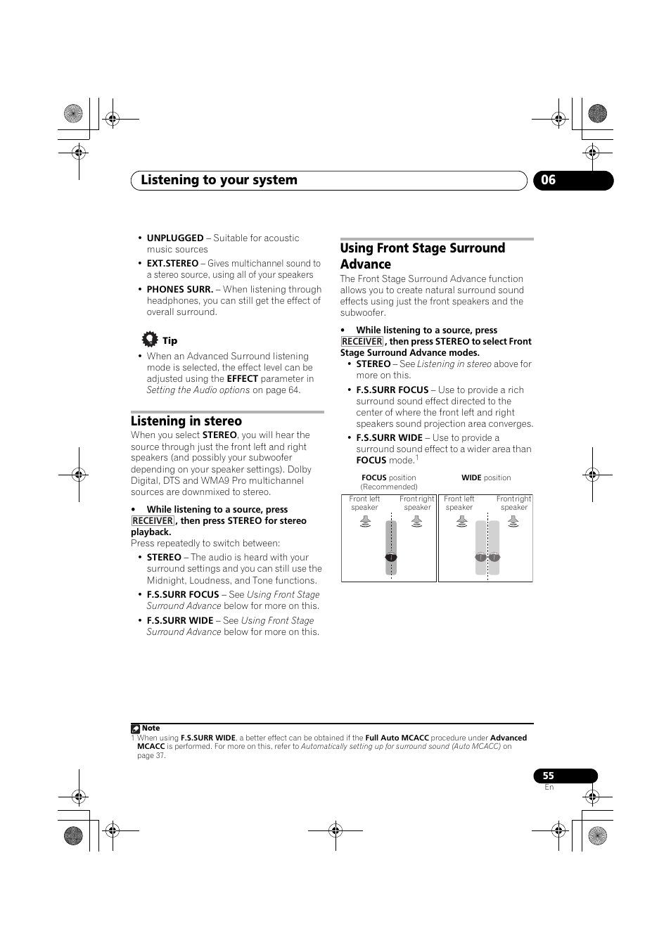 Listening in stereo, Using front stage surround advance, Listening to your system 06 | Pioneer VSX-919AH-K User Manual | Page 55 / 128