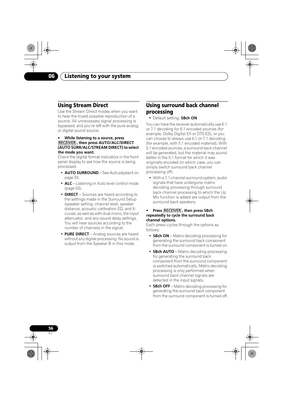 Using stream direct, Using surround back channel processing, Listening to your system 06 | Pioneer VSX-919AH-K User Manual | Page 56 / 128