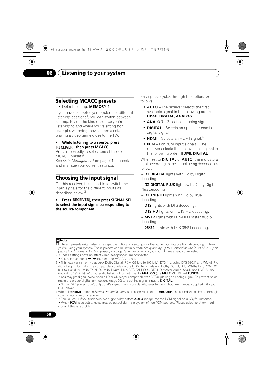 Selecting mcacc presets, Choosing the input signal, Listening to your system 06 | Pioneer VSX-919AH-K User Manual | Page 58 / 128