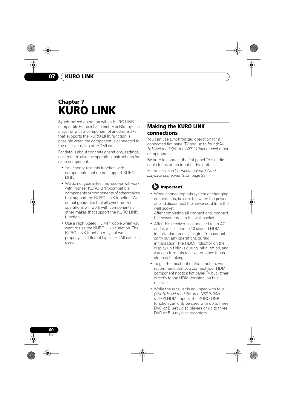 Kuro link, Making the kuro link connections, Important | Kuro, Kuro link 07, Chapter 7 | Pioneer VSX-919AH-K User Manual | Page 60 / 128