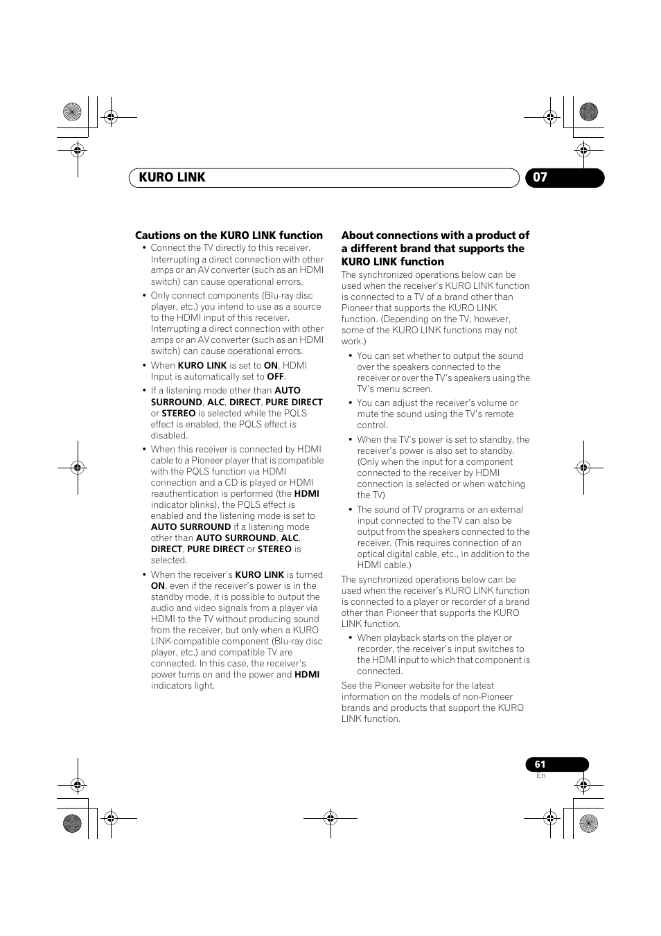 Cautions on the kuro link function, Kuro link 07 | Pioneer VSX-919AH-K User Manual | Page 61 / 128