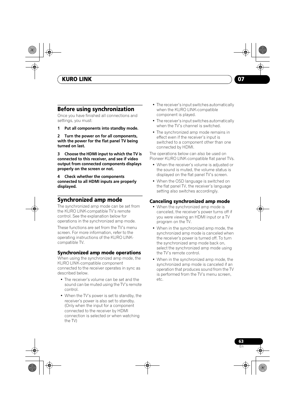 Before using synchronization, 1 put all components into standby mode, Synchronized amp mode | Synchronized amp mode operations, Canceling synchronized amp mode, Kuro link 07 | Pioneer VSX-919AH-K User Manual | Page 63 / 128