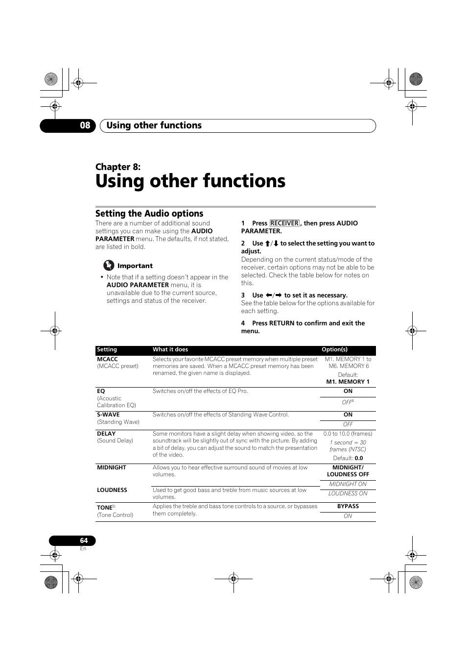 Using other functions, Setting the audio options, Important | 1 press , then press audio parameter, 2 use i/j to select the setting you want to adjust, 3 use k/l to set it as necessary, 4 press return to confirm and exit the menu, Setting the audio options (to, Setting the, Setting the audio options on | Pioneer VSX-919AH-K User Manual | Page 64 / 128