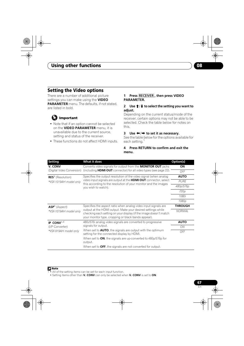 Setting the video options, Important, 1 press , then press video parameter | 2 use i/j to select the setting you want to adjust, 3 use k/l to set it as necessary, 4 press return to confirm and exit the menu, 67). also, Using other functions 08 | Pioneer VSX-919AH-K User Manual | Page 67 / 128