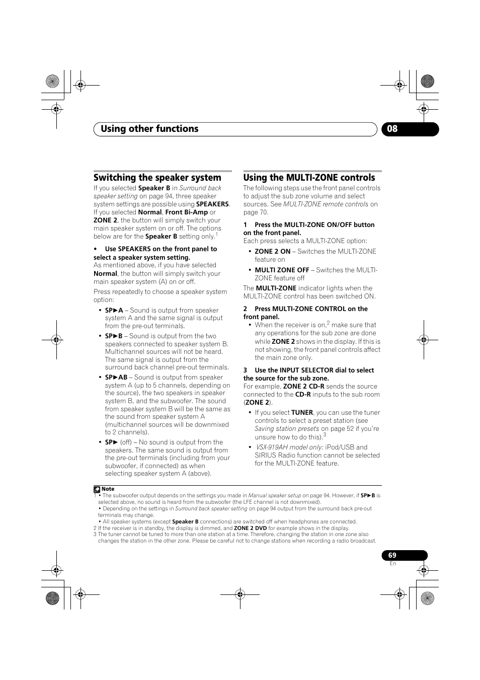 Switching the speaker system, Using the multi-zone controls, 2 press multi-zone control on the front panel | Using other functions 08 | Pioneer VSX-919AH-K User Manual | Page 69 / 128