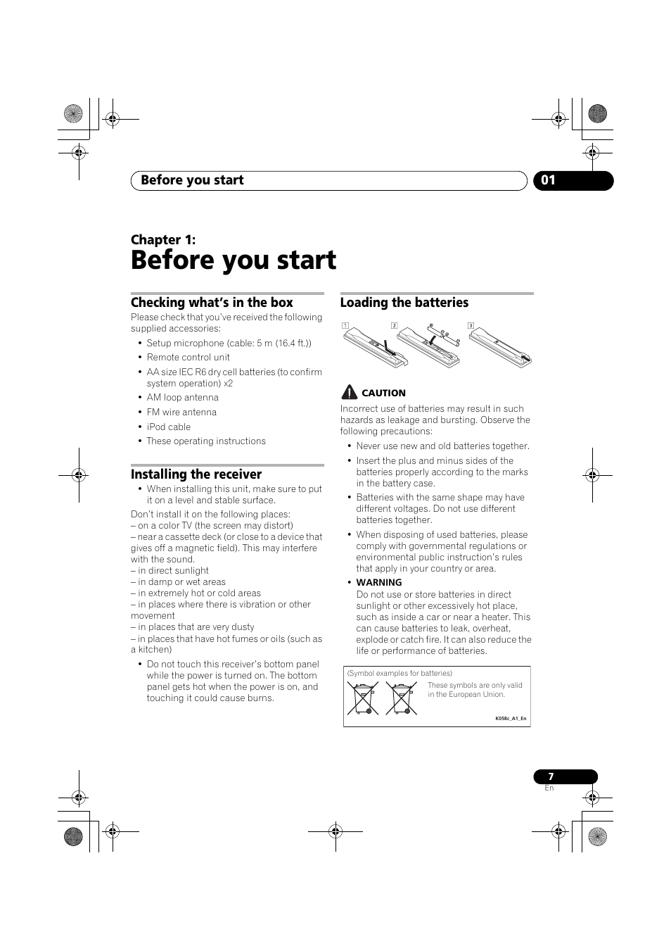 Before you start, Checking what’s in the box, Installing the receiver | Loading the batteries, Caution, Before you start 01, Chapter 1 | Pioneer VSX-919AH-K User Manual | Page 7 / 128