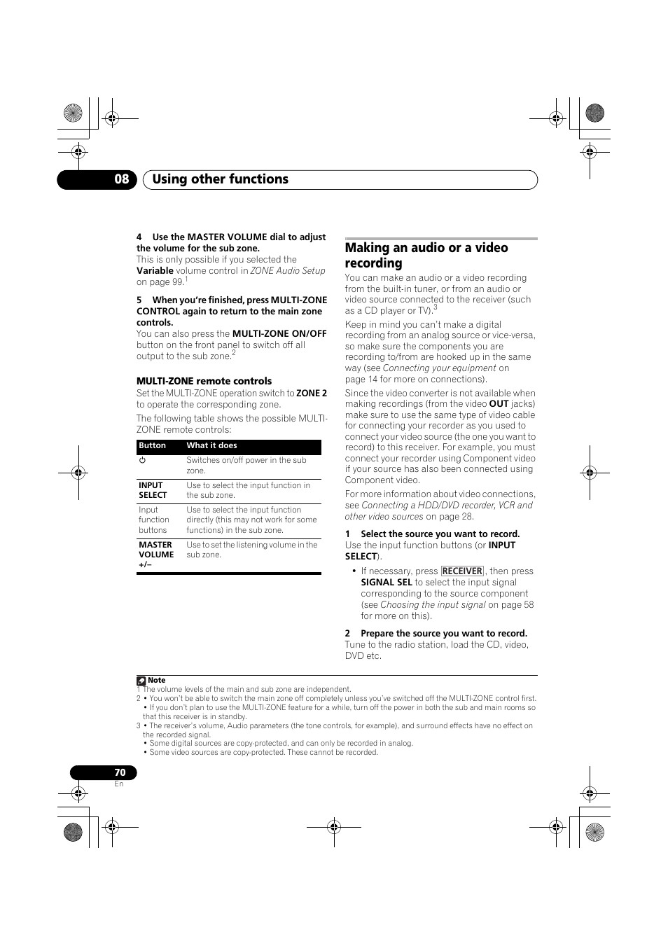 Multi-zone remote controls, Making an audio or a video recording, 1 select the source you want to record | 2 prepare the source you want to record, Sources. see, Multi-zone remote controls on, Using other functions 08 | Pioneer VSX-919AH-K User Manual | Page 70 / 128