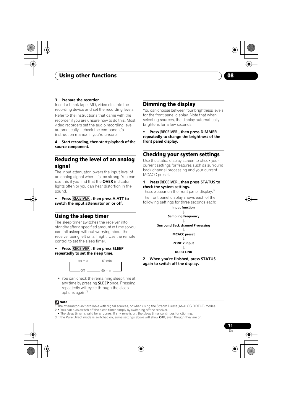 3 prepare the recorder, Reducing the level of an analog signal, Using the sleep timer | Dimming the display, Checking your system settings, Using other functions 08 | Pioneer VSX-919AH-K User Manual | Page 71 / 128