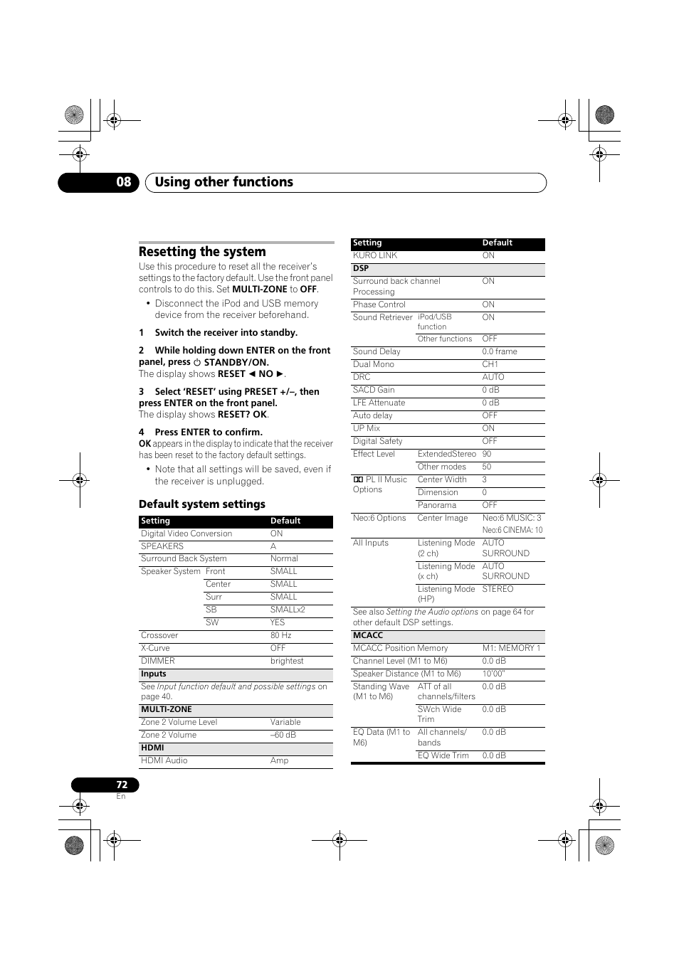 Resetting the system, 1 switch the receiver into standby, 4 press enter to confirm | Default system settings, Password settings in, Resetting the, Using other functions 08 | Pioneer VSX-919AH-K User Manual | Page 72 / 128