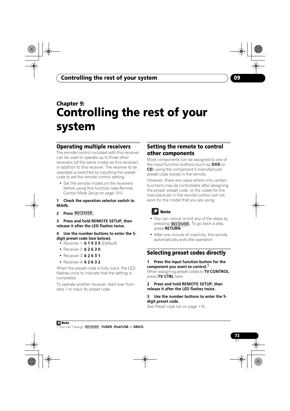 Controlling the rest of your system, Operating multiple receivers, 1 check the operation selector switch to main | 2 press, Setting the remote to control other components, Note, Selecting preset codes directly, Setting the remote to control other, Selecting preset codes, Mote control, see | Pioneer VSX-919AH-K User Manual | Page 73 / 128