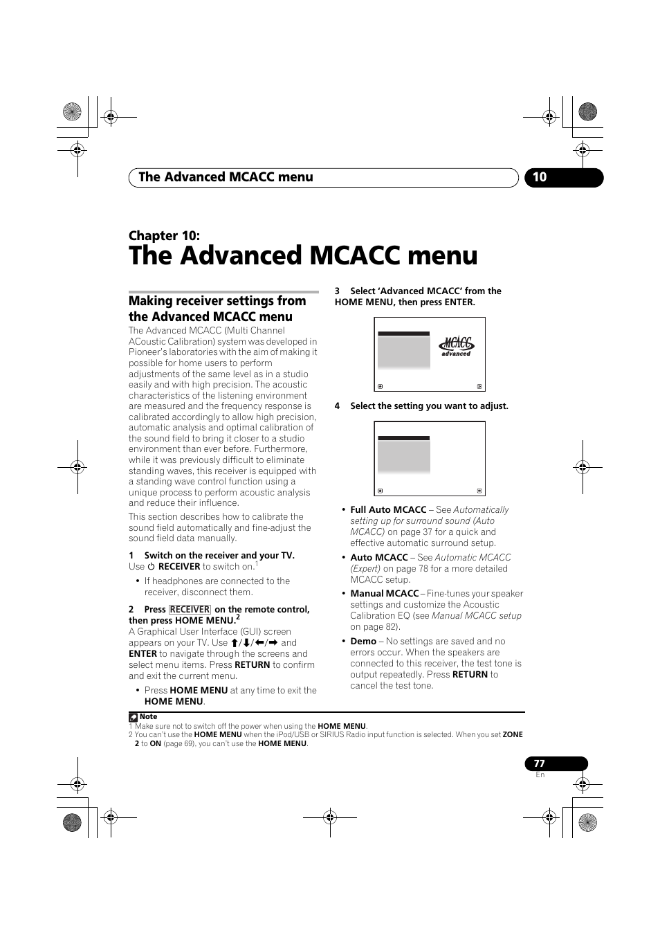 The advanced mcacc menu, 1 switch on the receiver and your tv, 4 select the setting you want to adjust | The advanced, The advanced mcacc menu 10, Chapter 10 | Pioneer VSX-919AH-K User Manual | Page 77 / 128