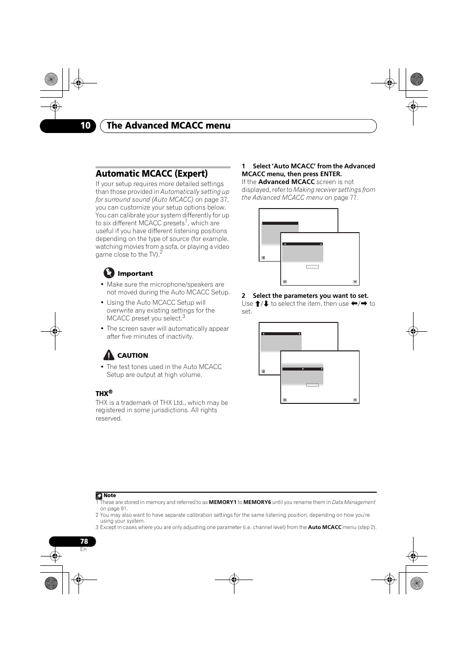 Automatic mcacc (expert), Important, Caution | 2 select the parameters you want to set, The advanced mcacc menu 10 | Pioneer VSX-919AH-K User Manual | Page 78 / 128