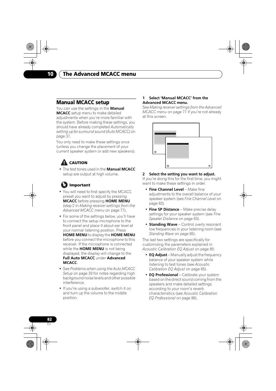 Manual mcacc setup, Caution, Important | 2 select the setting you want to adjust, The advanced mcacc menu 10 | Pioneer VSX-919AH-K User Manual | Page 82 / 128